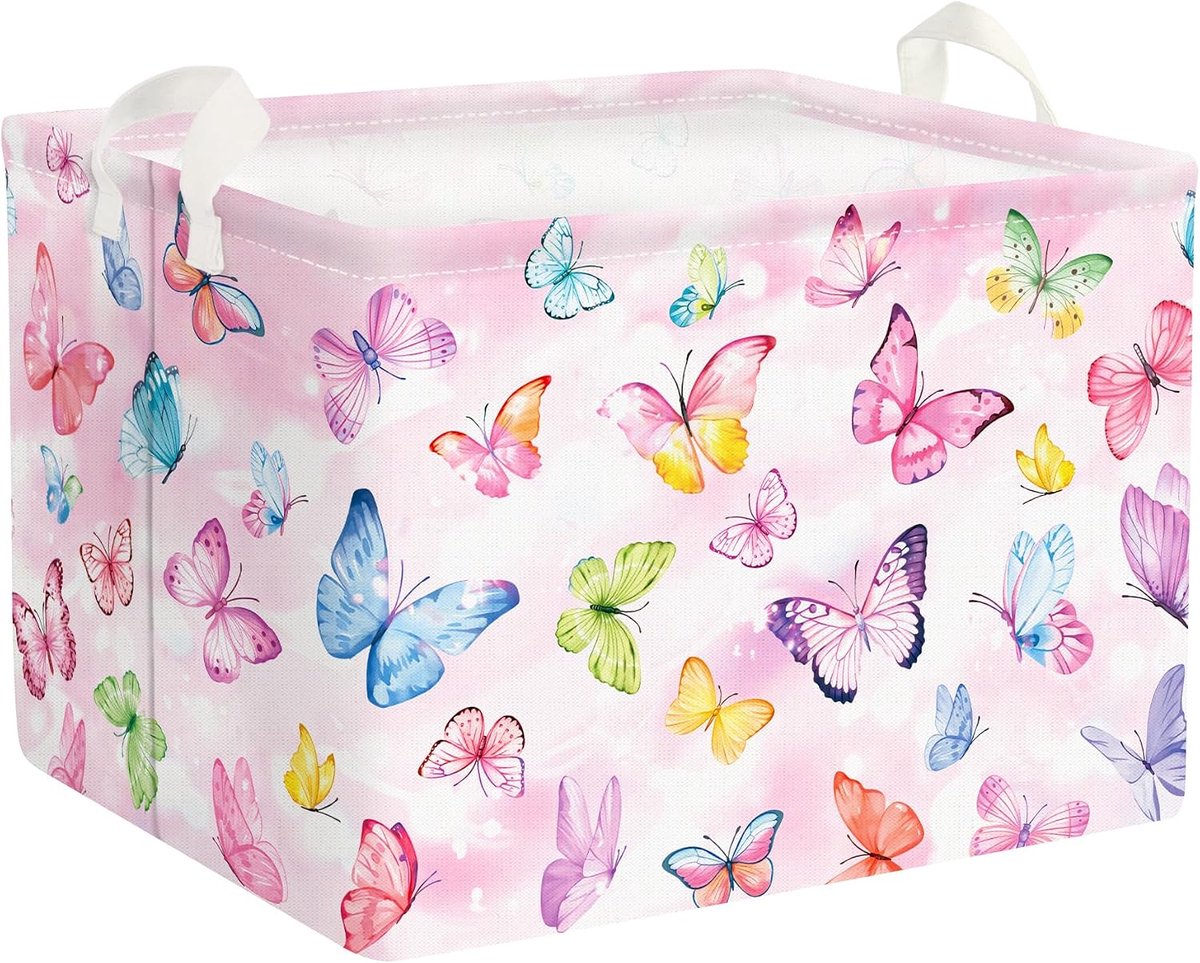 36L Roze Dromerige Vlinder Kledingplank Mandje met Handvat Opvouwbare Rechthoekige Vlinder Cube Speelgoed Opbergbox voor Kinderkamer Kinderkamer
