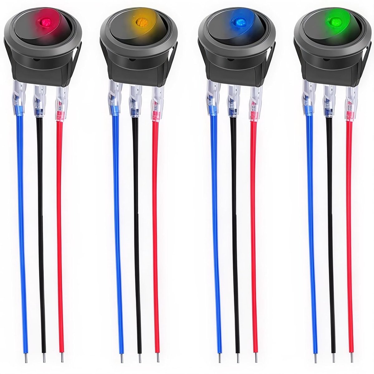 Tuimelschakelaar, 12V 20A/24V 10A led tuimelschakelaar (met 16AWG draad) SPST aan/uit voor auto, vrachtwagen, offroad, boot, marine (4 sets) (rood + geel + blauw + groen)