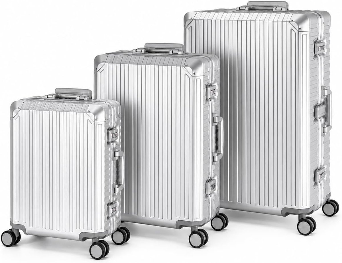 SnelShoppen - Travelhouse Tokyo Aluminium Reiskoffer T6035, Handbagage en Groot XL Set, Lichtgewicht en Robuust, Zilver, Voor Vakanties en Weekendjes