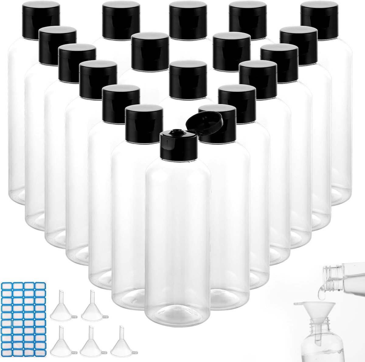 30 stuks reisflessen om te vullen, 100 ml reisflessenset met flipdop, plastic flessenset met trechter en etiket, transparante flessen, handbagage voor douchegel, shampoo, lotion