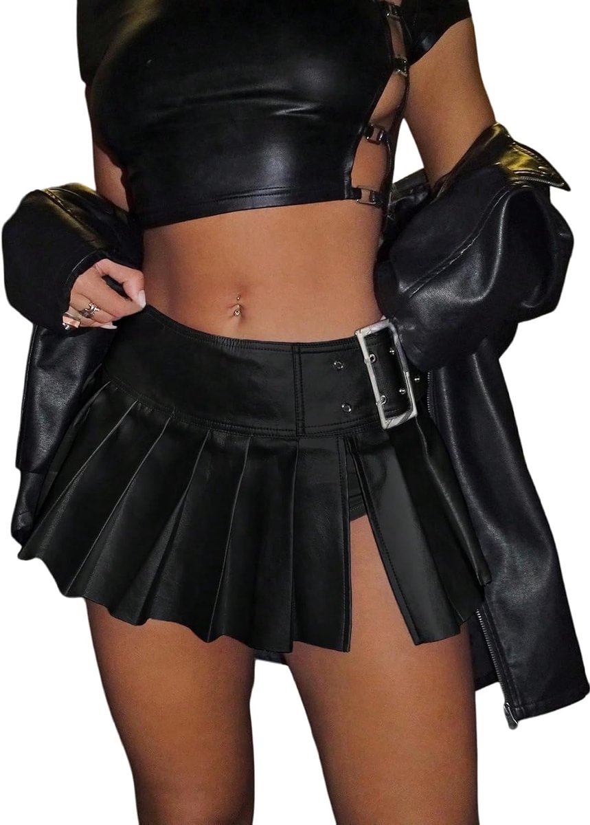 HUX Y2K Minirok voor dames, PU-leer, skaterrok met gesp, plooirok, A-lijn, geplooide broekrok, rave, partyrok, clubrok, dansrok