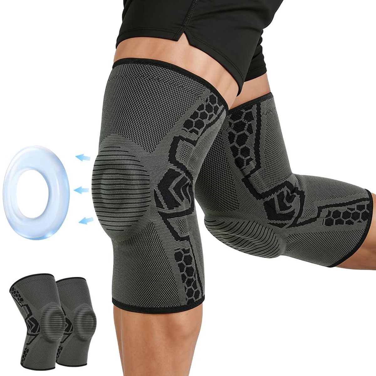 Kniebandage, uniseks, 2 stuks, dubbele siliconen strips, patella-siliconen kussen, ademende en antislip kniebeschermer, patellapad voor artrose, meniscusscheuren, kniepijn verlicht (XL)