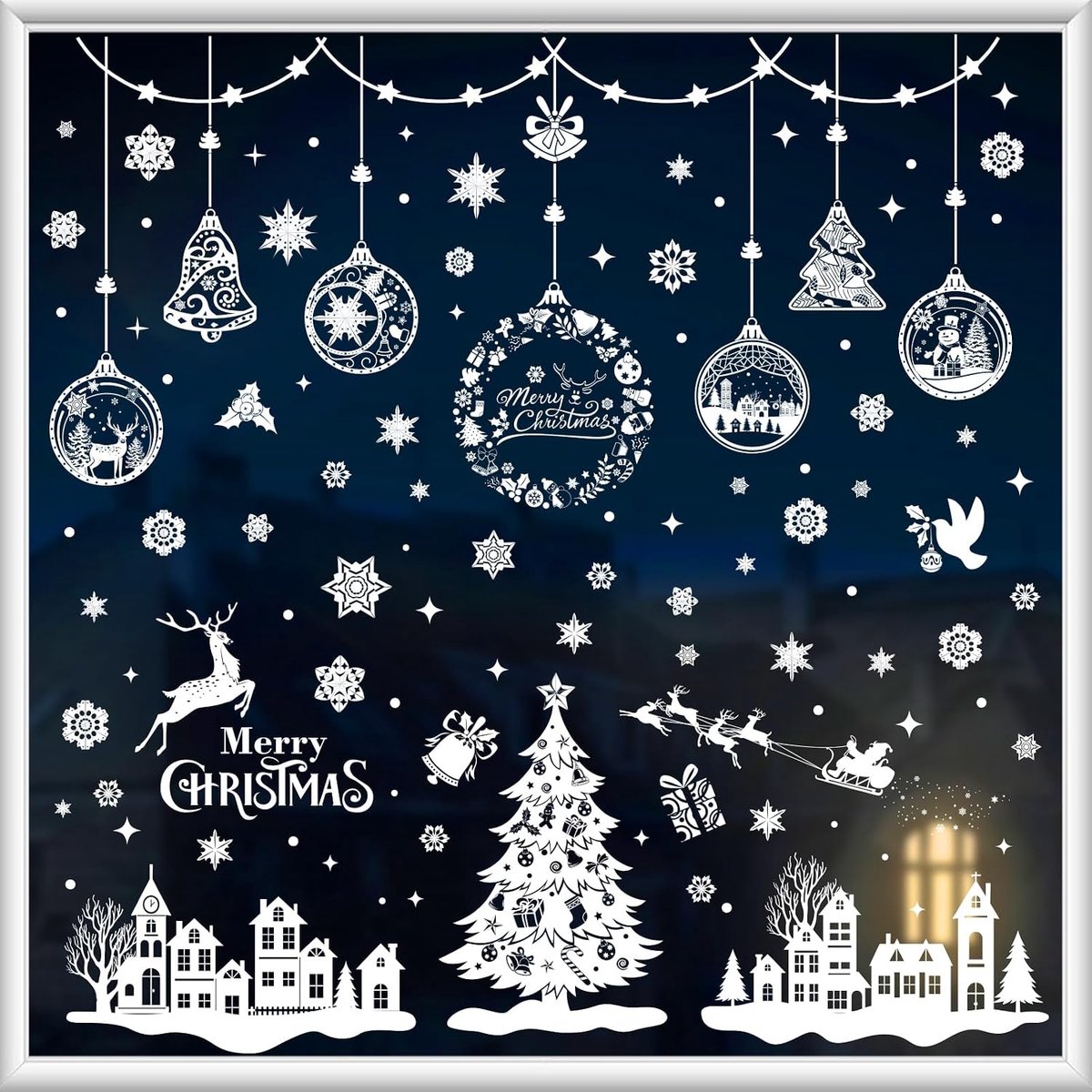 Raamstickers, wit, dubbelzijdige herbruikbare statisch hechtende pvc-stickers voor kerstdecoratie, 9 vellen, 20 x 30 cm, wit
