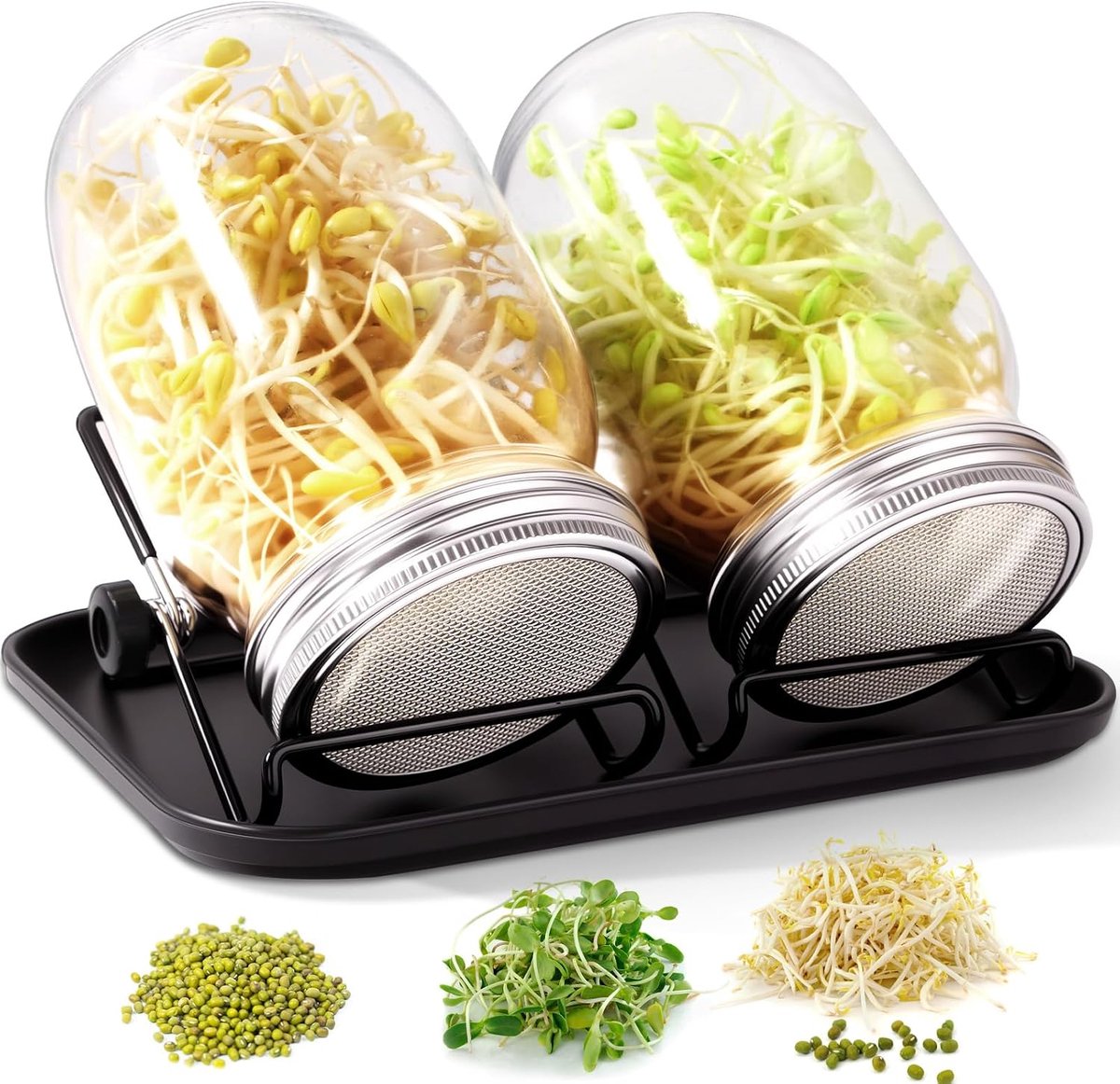 Kiemglas, set van 2, 1000 ml kiemglazen voor kiemglas, kiempot met 1 zwart dienblad, 2 filterroosterafdekkingen van roestvrij staal 304 en 2 standaard voor Alfalfa broccoli, mungbonen