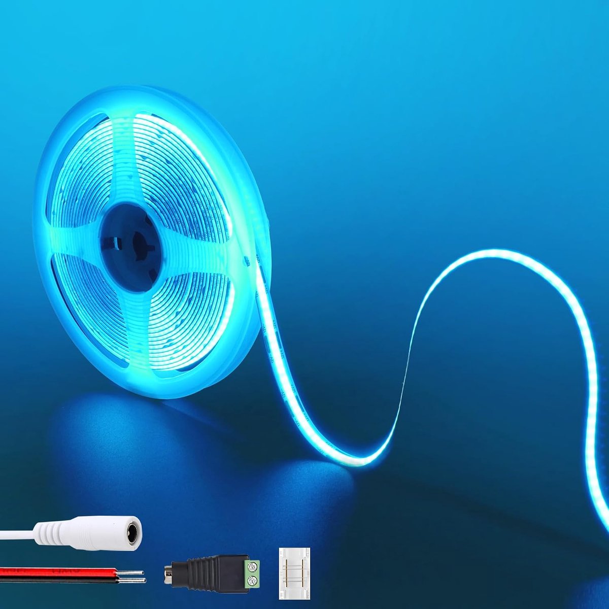 12V COB LED strip licht 9.84 ft /3M (zonder voeding), ijsblauw, 320led /M, 5521DC bus en rode en zwarte draad connector, 8mm breed, IP20, voor DIY home interieur