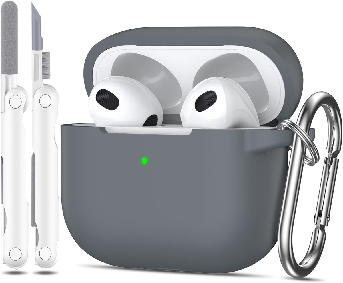 hoesje voor Airpods 3e generatie 2021, zachte siliconen beschermhoes voor Apple Airpods 3 met zichtbare LED aan de voorkant met reinigingsset, Kiezel