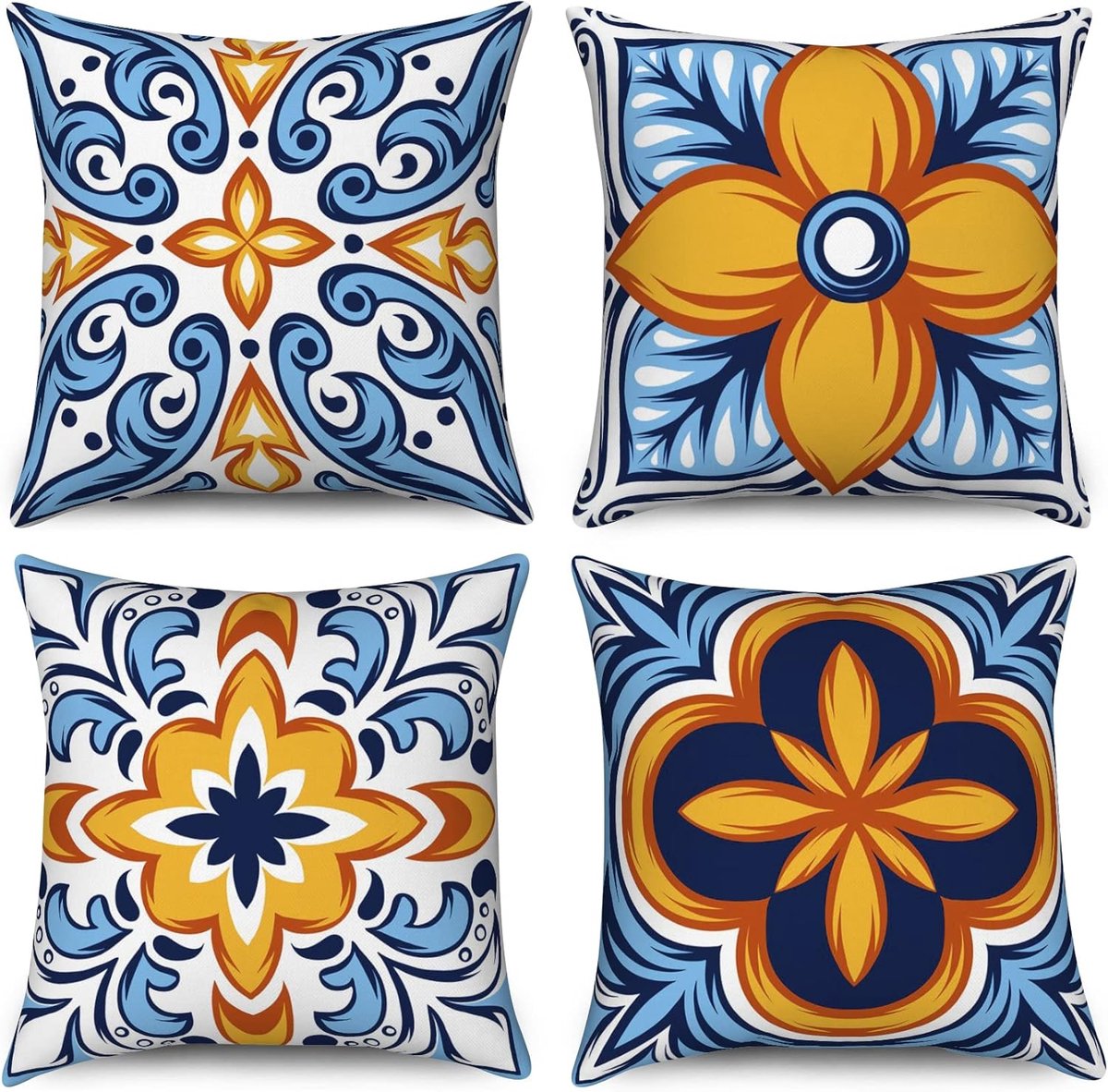 SnelShoppen - Boho Kussenhoezen Set van 4 Decoratieve Sierkussenhoezen 50x50cm Geometrisch Mandala Bloem Blauw en Oranje Linnen voor Woonkamer Sofa Tu