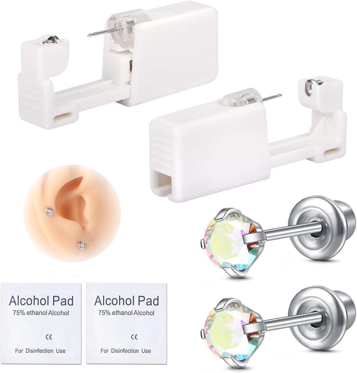 Oorpiercingset, Oorgaatjesset, wegwerp, steriel, 316L chirurgische staal, oorstekers met gekleurde zirkonia, gemengde vormen, zelf steken, oorbellen met 4 mm of 5 mm zirkonia