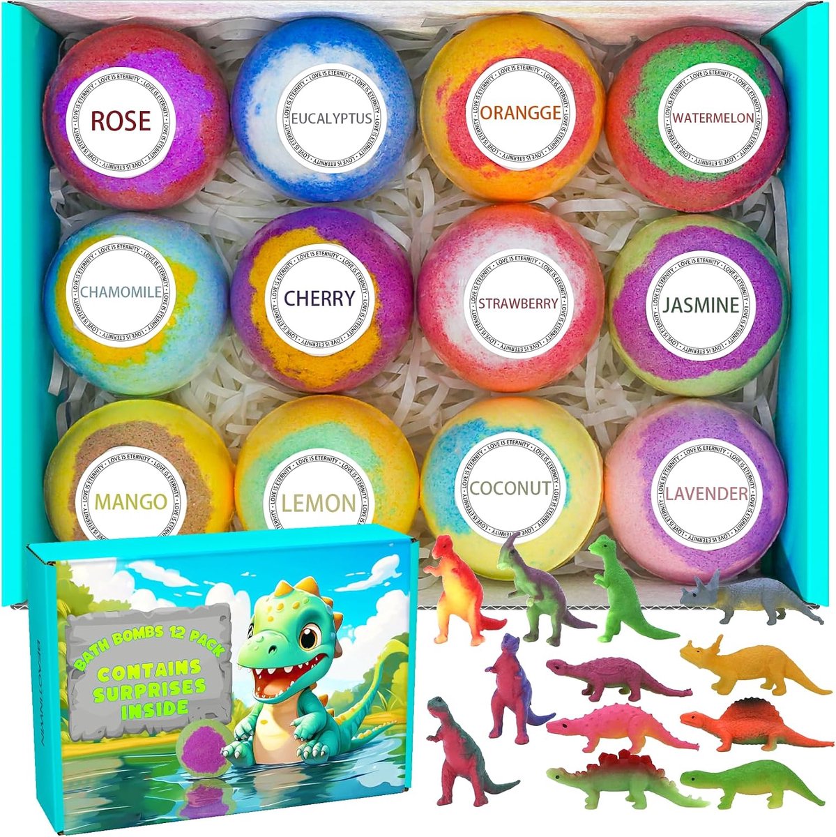 12-delige badbom-cadeauset, biologische dinosaurus-badbommen, cadeauset, kinderbadschuim, dino-ei voor kinderen van 3 tot 9 jaar, harde bal