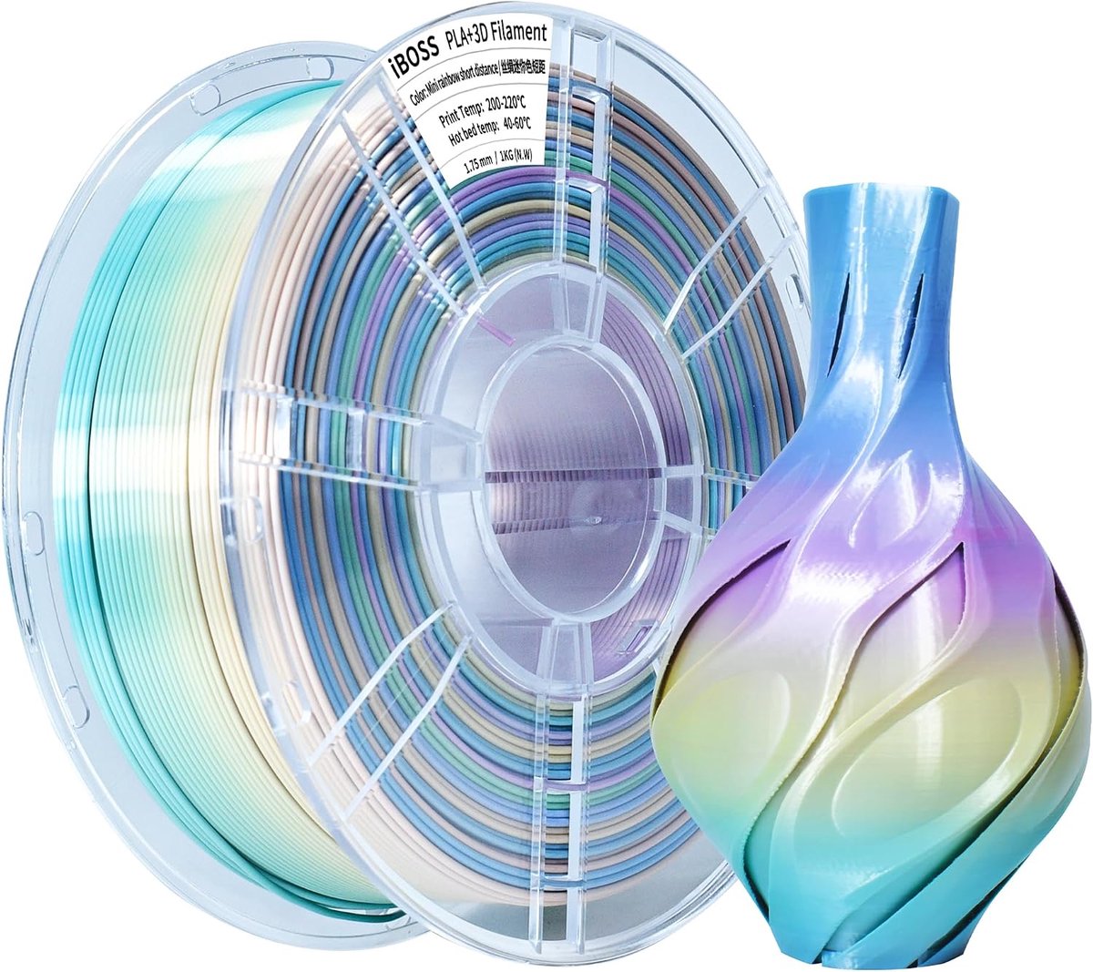 iBOSS Meerkleurig PLA+ filament 1,75 mm, PLA Plus zijde regenboog 3D-printerfilament, 1 kg, kleurverandering PLA Pro 3D-printfilament, zijde mini regenboog