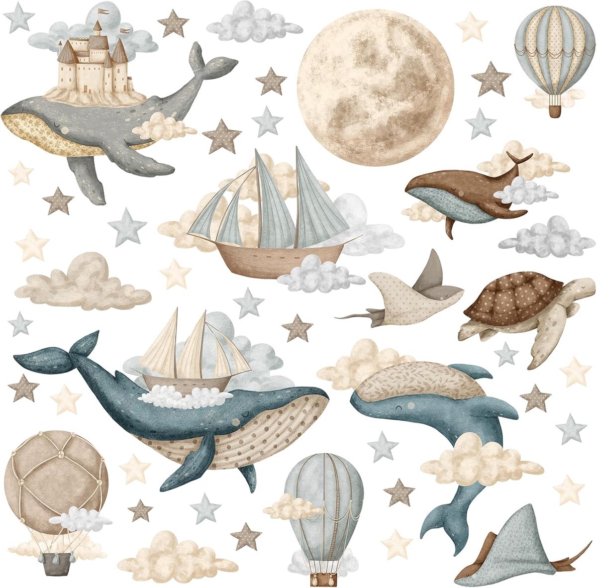 Oceaan Muursticker XL/Vintage heteluchtballon muursticker/schepen en walvissen aquarel stickers/maan en ster muursticker