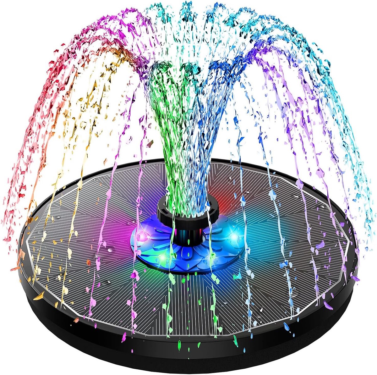 LED Zonne Fontein, 3.5W Glazen Paneel Zonne Fontein Pomp, 2200mAh Batterij Werken 's Nachts, Zonne Waterpomp met 7 Sproeiers & 4 Fixer Zonne Water Eigenschappen Voor Tuin, Vogelbad (Kleurrijke)
