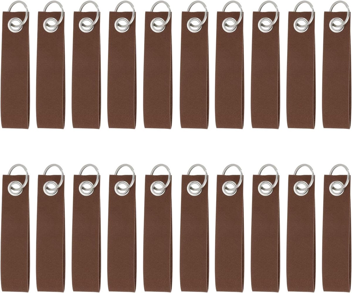 20 stuks rechthoekige vilten sleutelhangers met roestvrijstalen ring, onbewerkte sleutelhangers voor doe-het-zelf decoratie, tassen (koffie, 130 x 30 mm)