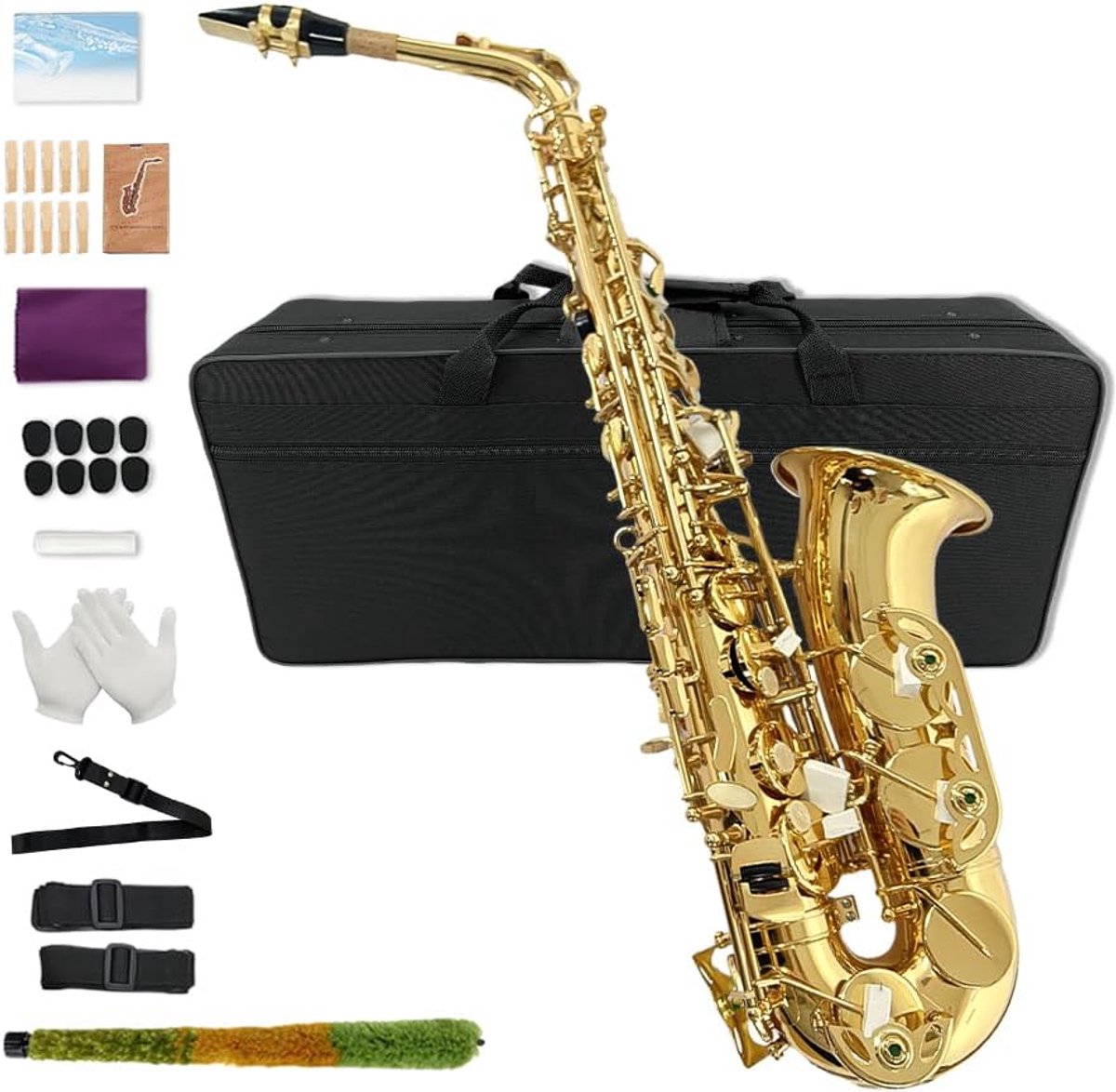 Eb Altsaxofoon Voor Beginners Volwassene, Saxofoon Student, E Flat Altsax Volledige Kit Met Rieten, Pads Kussens, Harde Draagtas, Schoonmaakdoek & Staaf, Mondstuk, Handschoenen, Nekband Goud