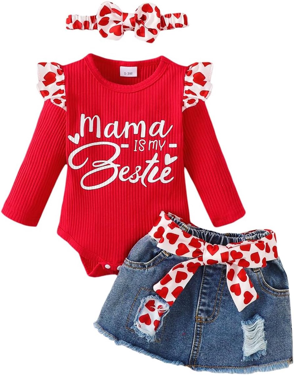 Kleding voor pasgeborenen babymeisjes, letterprint, ruches, romper + jeans, gescheurde denim-rok, zuigeling, outfit, set, 0-18 maanden