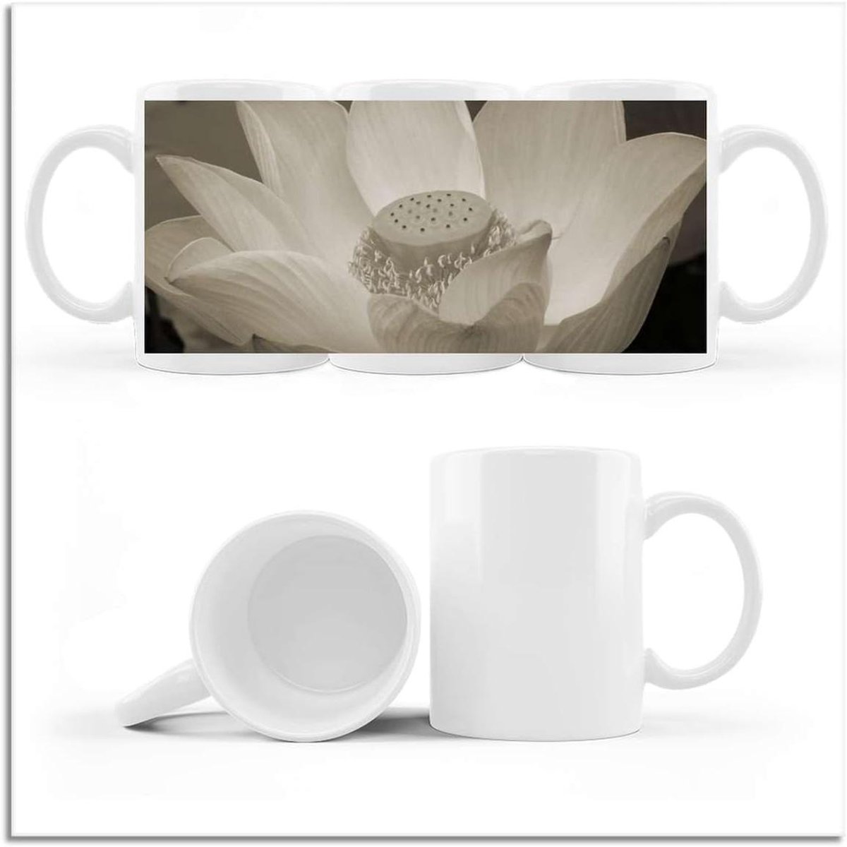 Koffie Thee Mok - Cup met Foto - Drinken van Warme Dranken - Bedrukte Lotus Bloem - 330 ml - Wit
