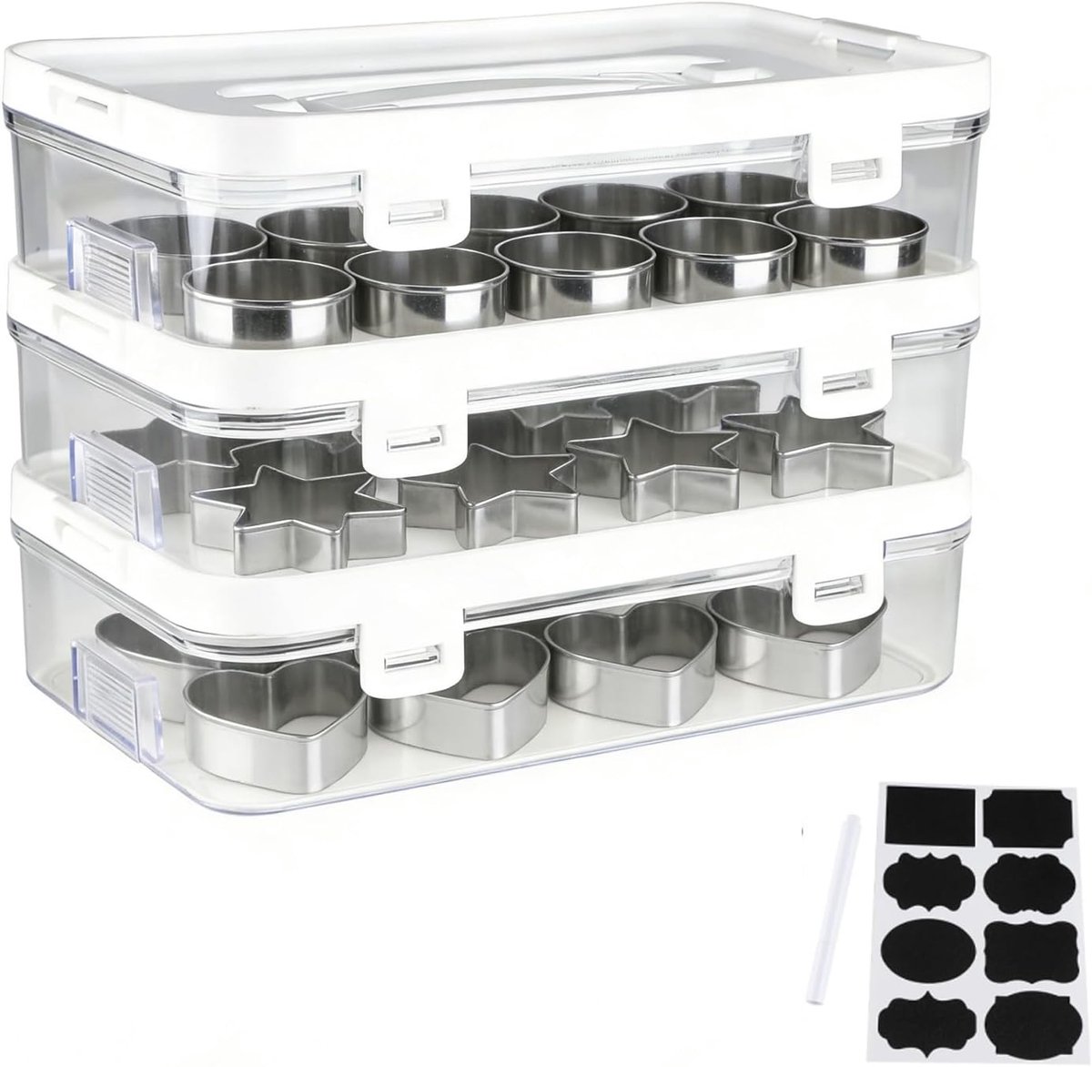 Set van 3 transparante koekjesvormen, stapelbaar met deksel, praktische snijders voor bakken en keukenaccessoires
