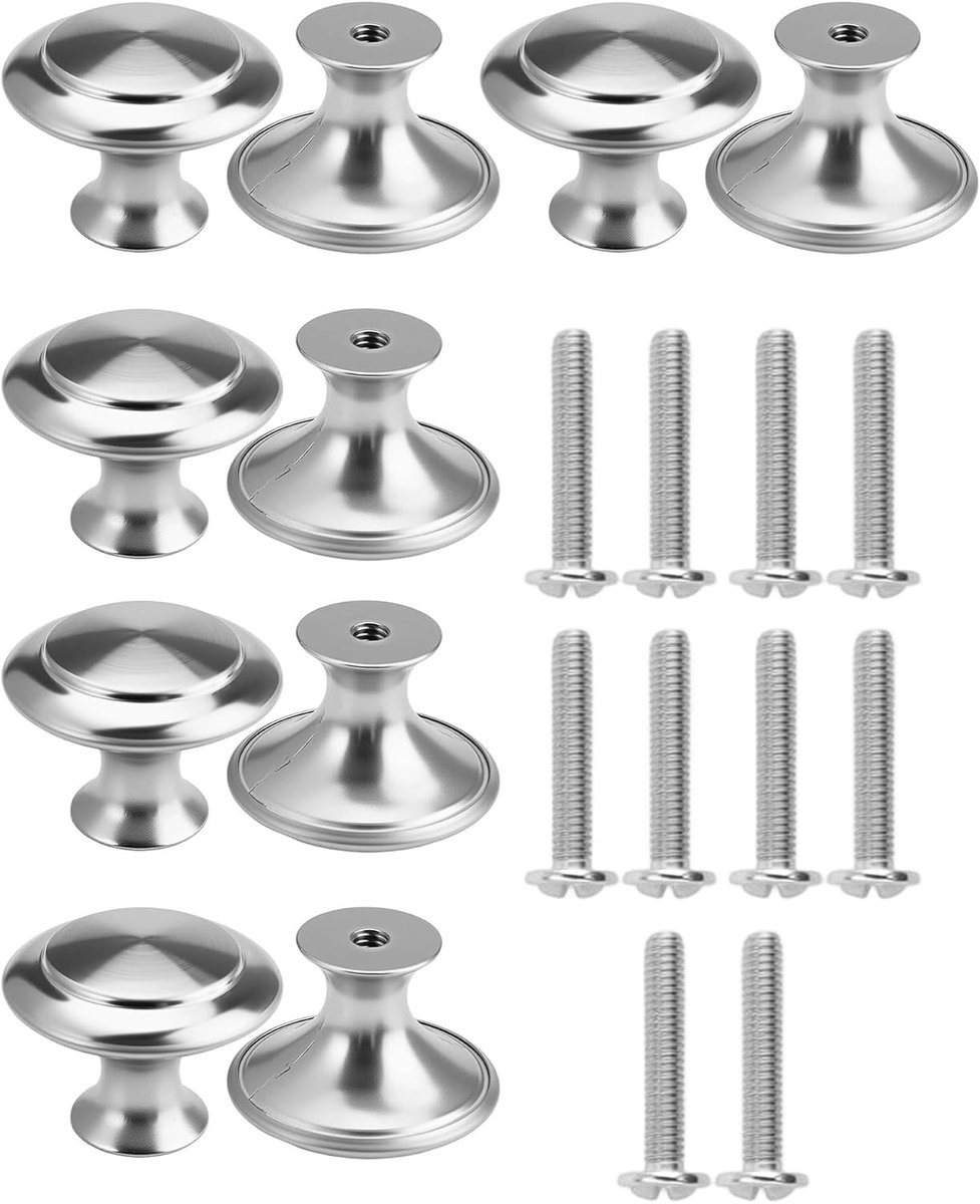 Ladeknoppen 27 mm van zilverkleurig roestvrij staal met schroeven voor kasten en meubels, ronde handgrepen voor keuken en dressoirs, set van 10 stuks