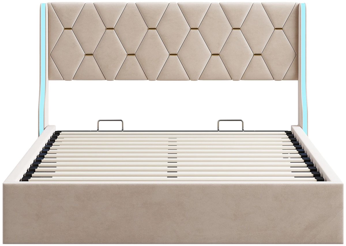 Happiq Gestoffeerd Tweepersoonsbed 140 x 190 Cm - Modern Bed met LED - Aansluitingen - Verlichting, USB - voor Jeugd Beige