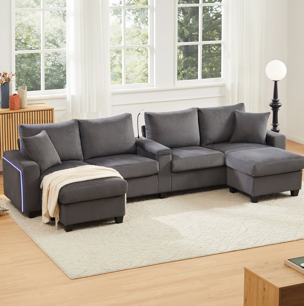 MODENUIT U-Bank 334 x 128,5 x 81 cm - Met 2 Hockers, Leeslamp, LED En USB-C - Woonkamer - Corduroy Grijs