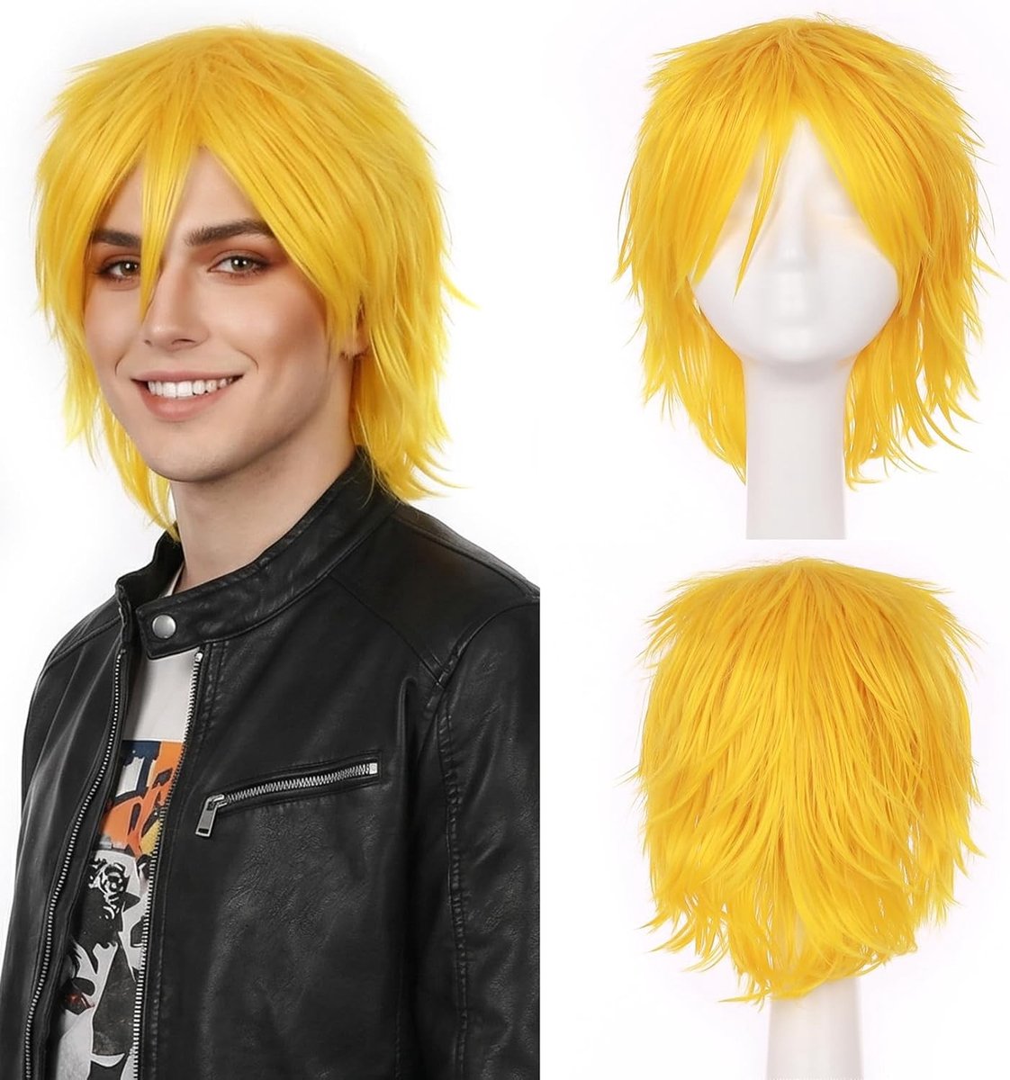 Unisex Korte Gladde Cosplay Peruk voor Anime Kostuum, Volle Haarstaart voor Feest en Halloween, Geel