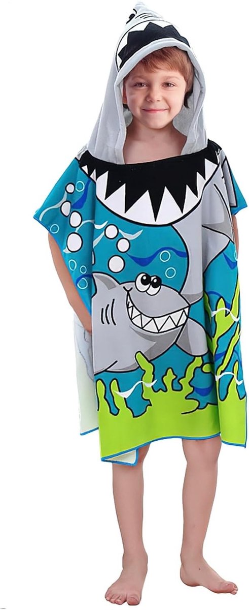 Poncho voor Kinderen, Badhanddoek met Capuchon voor Jongens en Meisjes, Ideaal voor Strand en Zwembad, Geschikt voor Leeftijd 2-8 Jaar, Shark Design
