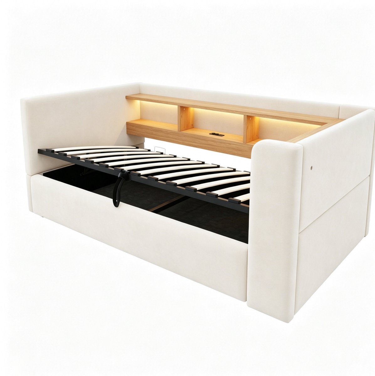 COVREO Slaapbank 90x190 cm beige, stof en MDF met opbergruimte