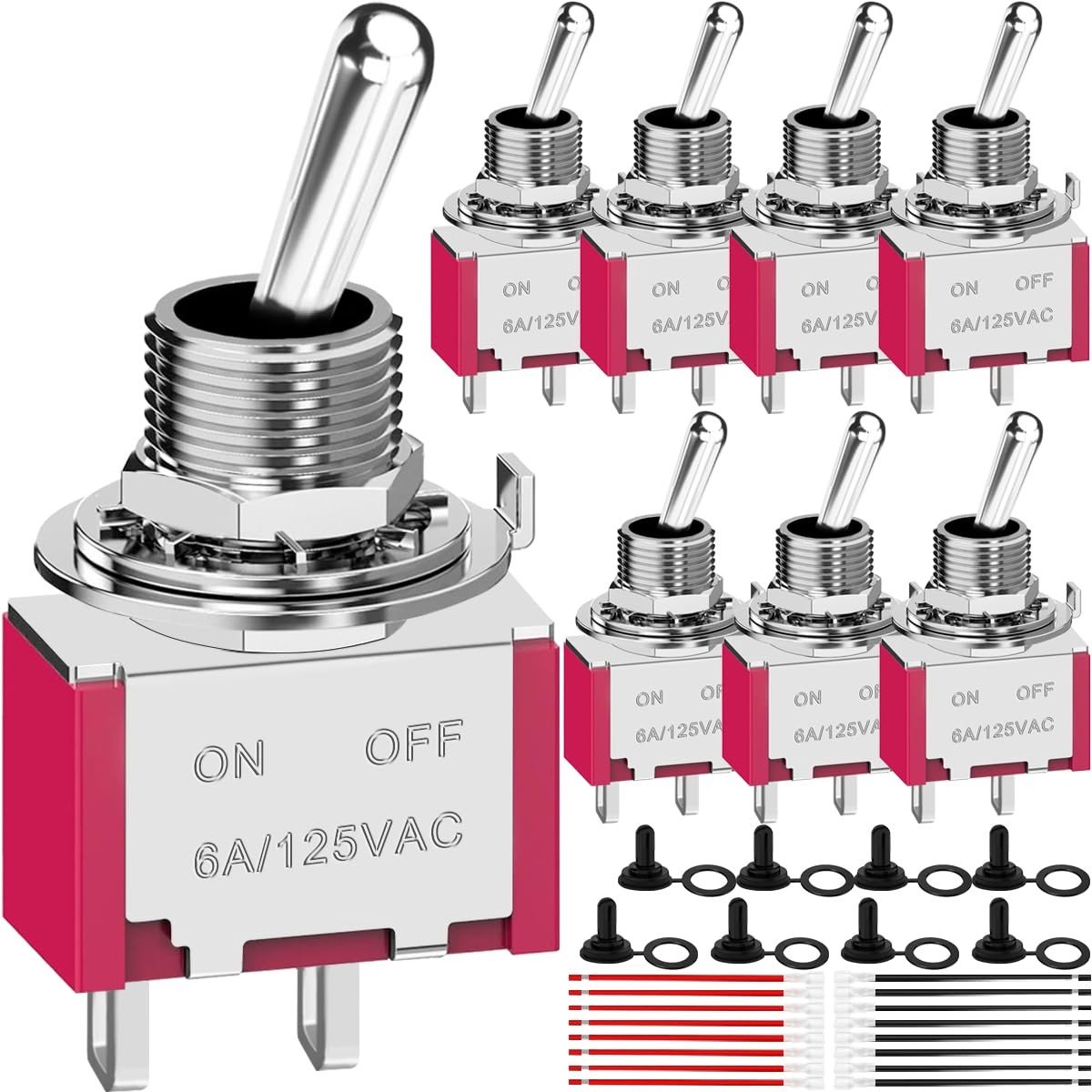 Miniatuur tuimelschakelaars 6A/125V 3A/250VAC SPST met waterdichte kap en aansluitdraad - 8 stuks voor aan/uit bediening met 2 posities en 6mm bevestigingsgaten