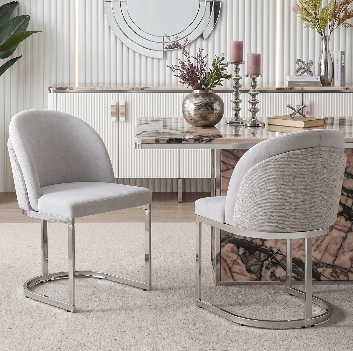 MIVRAY Eetkamerstoel Set Van 2 Grijs Zilver 85 Cm Modern Chenille Metaal Comfortabele Gevoerde Stoel Voor Eetkamer En Woonkamer
