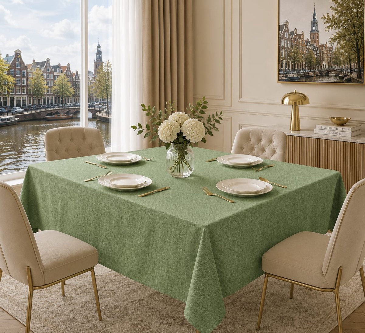 Lano&Go Tafelkleed Linnen Look 135x200 cm - Waterafstotend & Afwasbaar - Lichtgroen