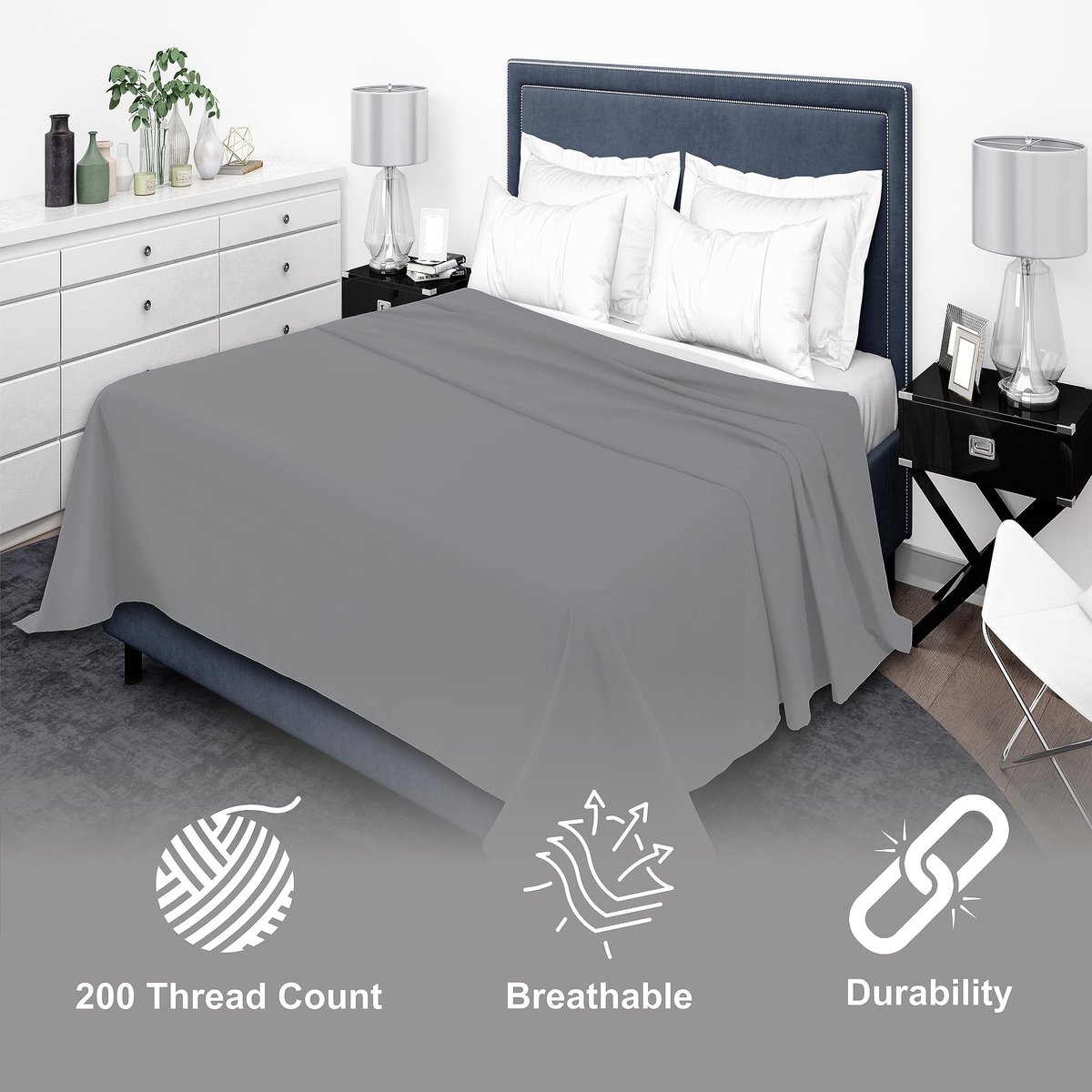 SnelShoppen - 100% Egyptisch Katoen Platte Lakens 200 Draaddichtheid Grijs King - Luxe en Comfortabel voor Slaapkamer, Hotel en Thuisgebruik