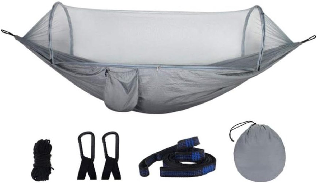 Camping hangmat - Dubbele hangmat - Ontspannen buiten - Met klamboe - 270x140cm - Grijs