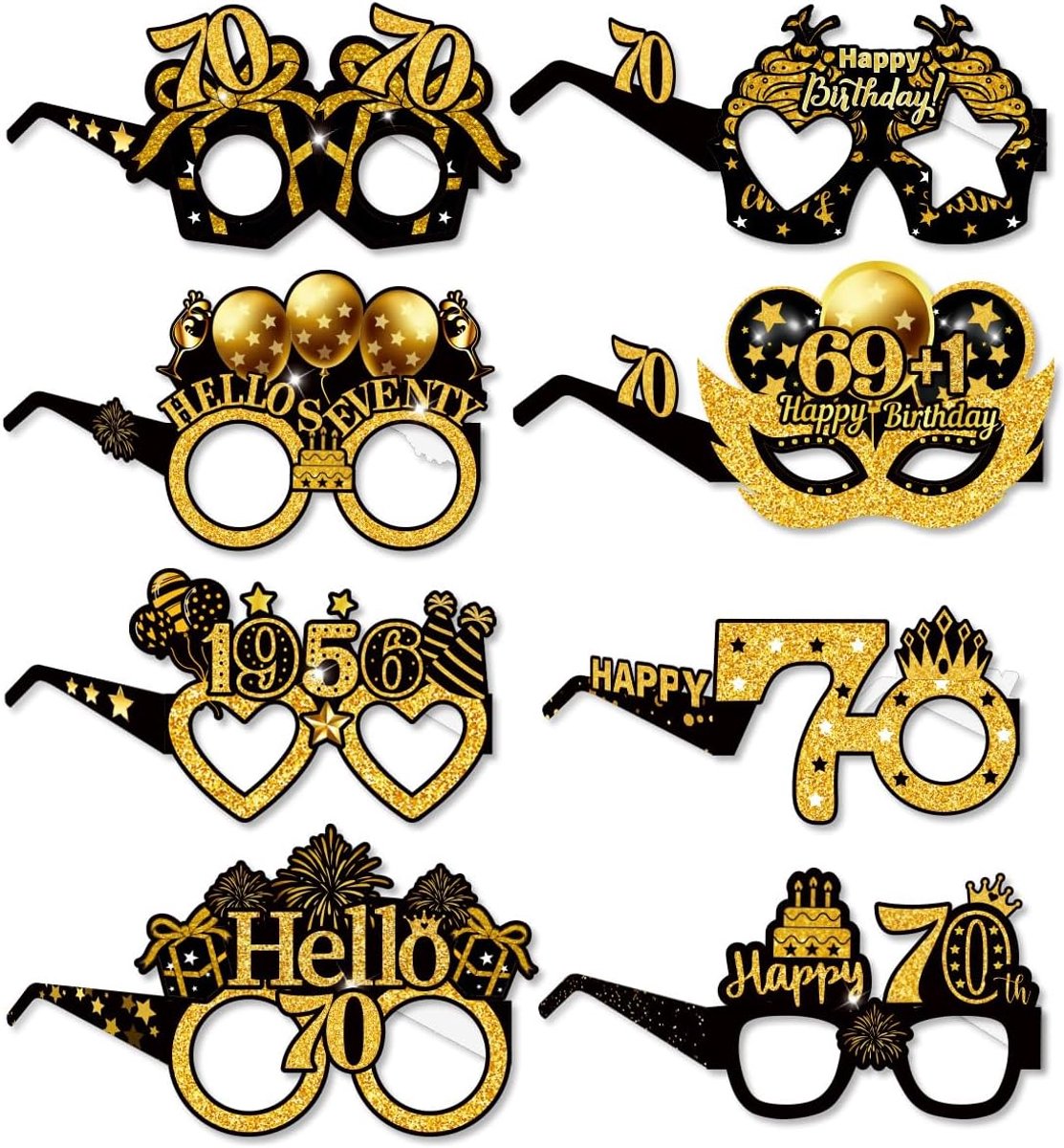 8 stuks grappige Happy Birthday-bril, zwart en goud, Happy Birthday-bril, verjaardagsdecoraties voor mannen, feestbril voor volwassenen, foto-rekwisieten, decoraties