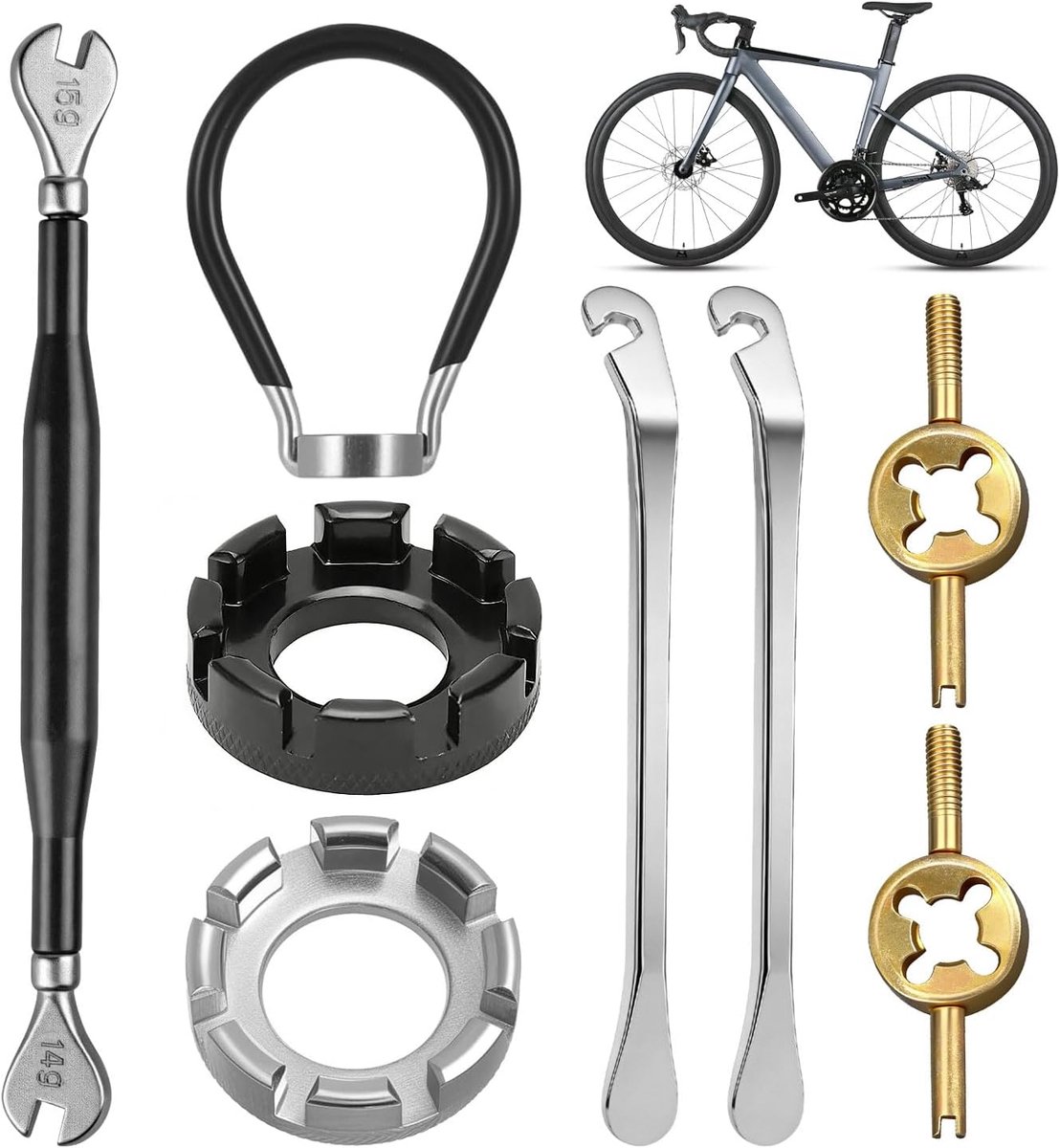 8-delig, fietsbandenwisser, roestvrij staal, inclusief spaaksleutels in 8 maten, bandenwisser, geschikt voor onderhoud en instelling van spaken 10/11/12/13/14/15G