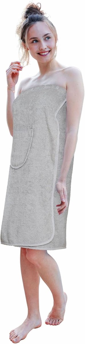 Saunakilt voor dames, 80 x 140 cm, grijs, saunahanddoek, 100% katoen, Öko-Tex 100, zachte OneSize saunajurk, flexibele elastische tailleband en 5-voudige knoopsluiting, saunakilt met