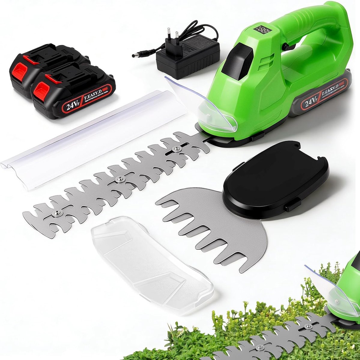 SnelShoppen - 2-in-1 Accu Heggenschaaf en Grasmaaier 21 V Borstelloos met 2 Accu's en Oplader, Elektrische Hegefrees met 2 Bladen (32 cm Heggenmes + 1