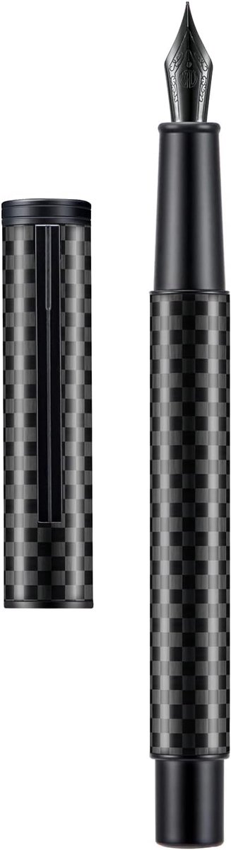 Black Carbon Fiber Vulpen, Medium Penpunt Modern Design Glad Schrijfpen met Converter en Metalen Pen Case Set