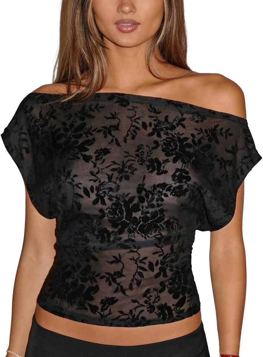 Mesh bovendeel dames kant off off shoulder tank top schoudervrije vleermuismouwen netshirt voor festival party