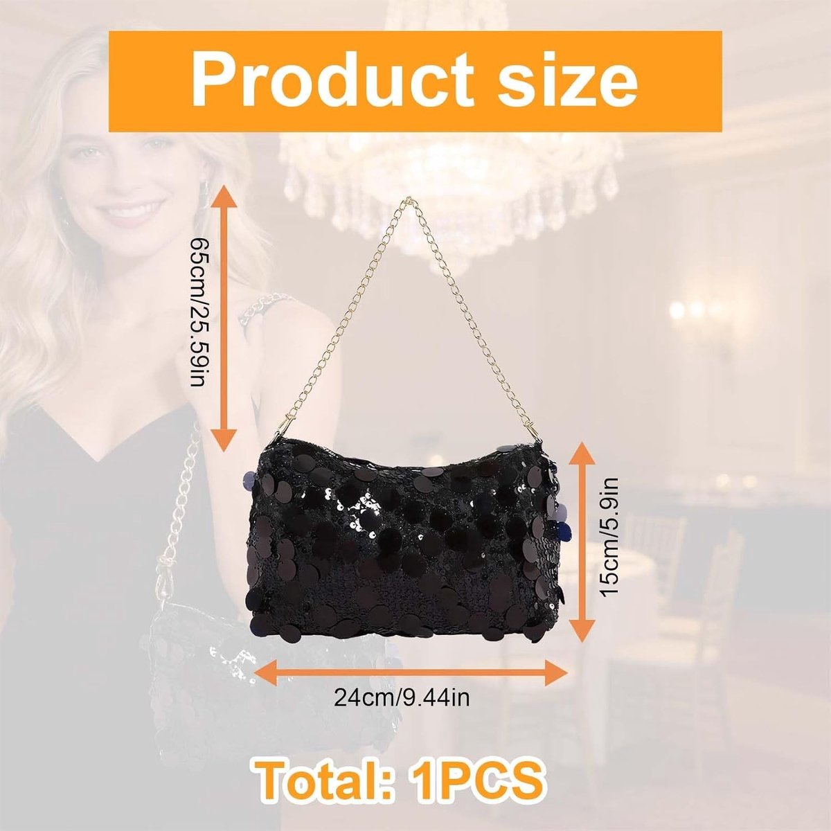 Glinsterende Clutch voor Dames 24×15×4 cm, Avondtas met Rits en Fijne Voering, Perfect voor Bruiloft, Diner en Feestjes