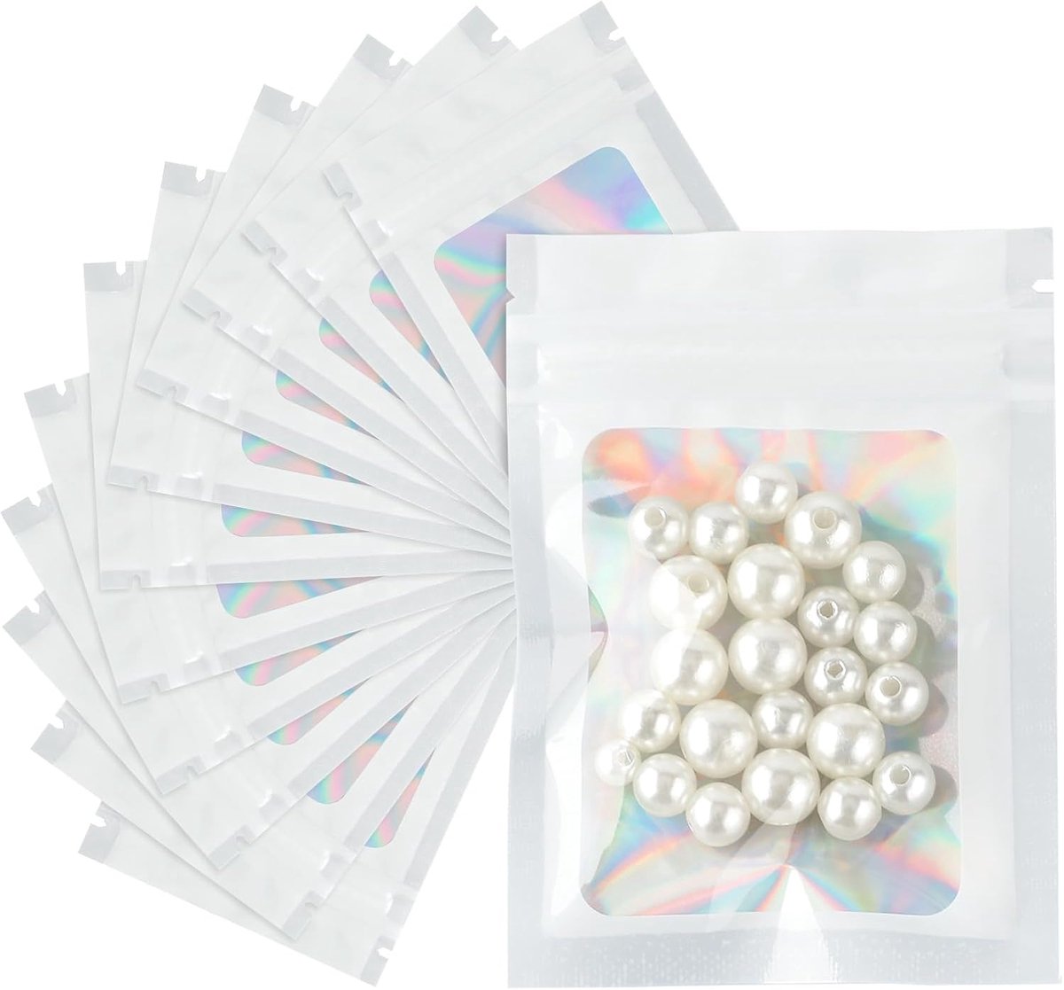 100 stuks holografische zakjes, Mylar-foliezakken, 7 x 10 cm, wit, klein, verzegelbaar, ritssluitingszakken, gebruikt voor het bewaren van snoep/monsters