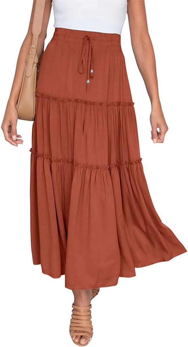 Boheemse rok voor dames, elastische maxi-rok, hoge taille, zomer, met trekkoord, A-lijn retro A-lijn rok, oranje/zwart, S-XL