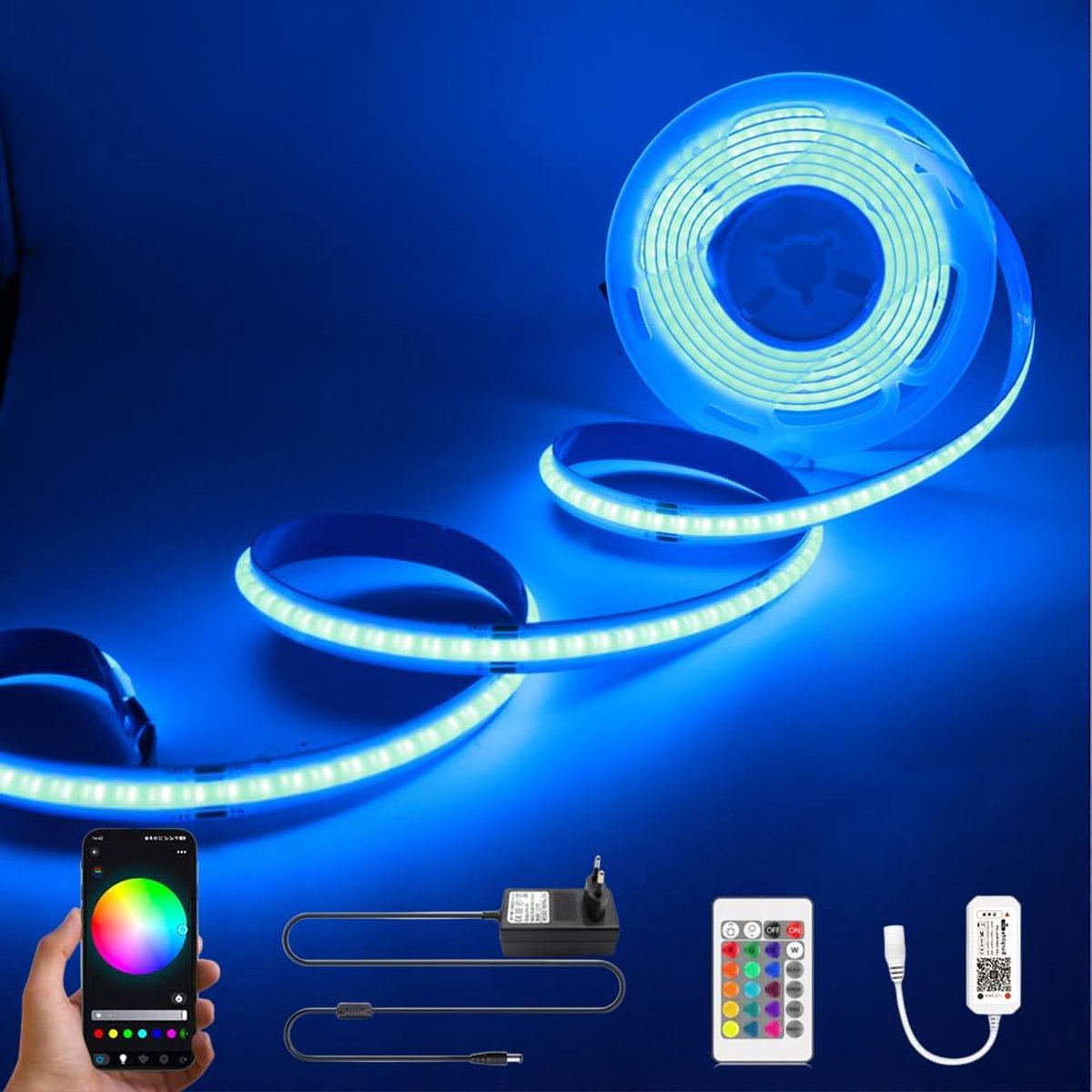COB LED Strip 24V 2M RGB WIFI Set Dimbaar, COB LEDstrip met Controller en Voeding, High Density 576LEDs/M IP20, APP Bestuurbaar voor Slaapkamer Keuken Interieur Decoratie