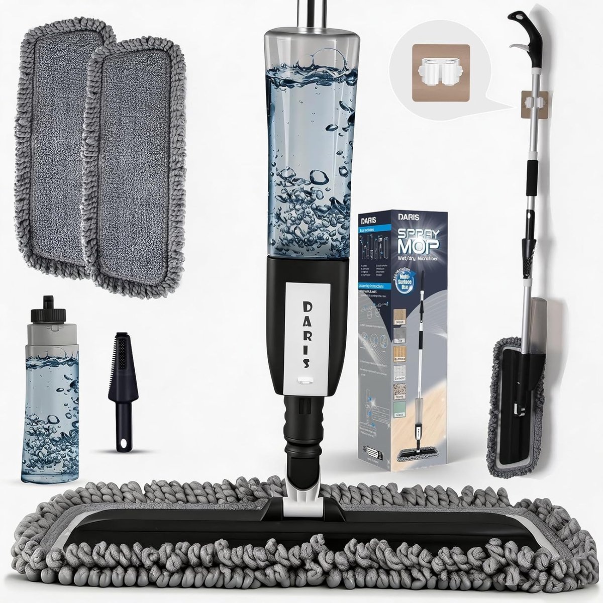 Microvezel platte dweil met sproeier - Navulbare tank - 360 graden draaiend - Herbruikbare pads
