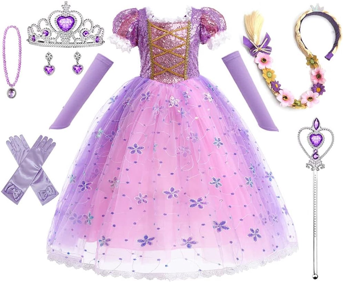 8-delige set prinsessenjurk voor meisjes, carnavalskostuum voor meisjes, ijskoningin, met toverstaf voor kinderen, kroon meisjes, 7 accessoires, voor Kerstmis, verkleedpartij, carnaval, Halloween,