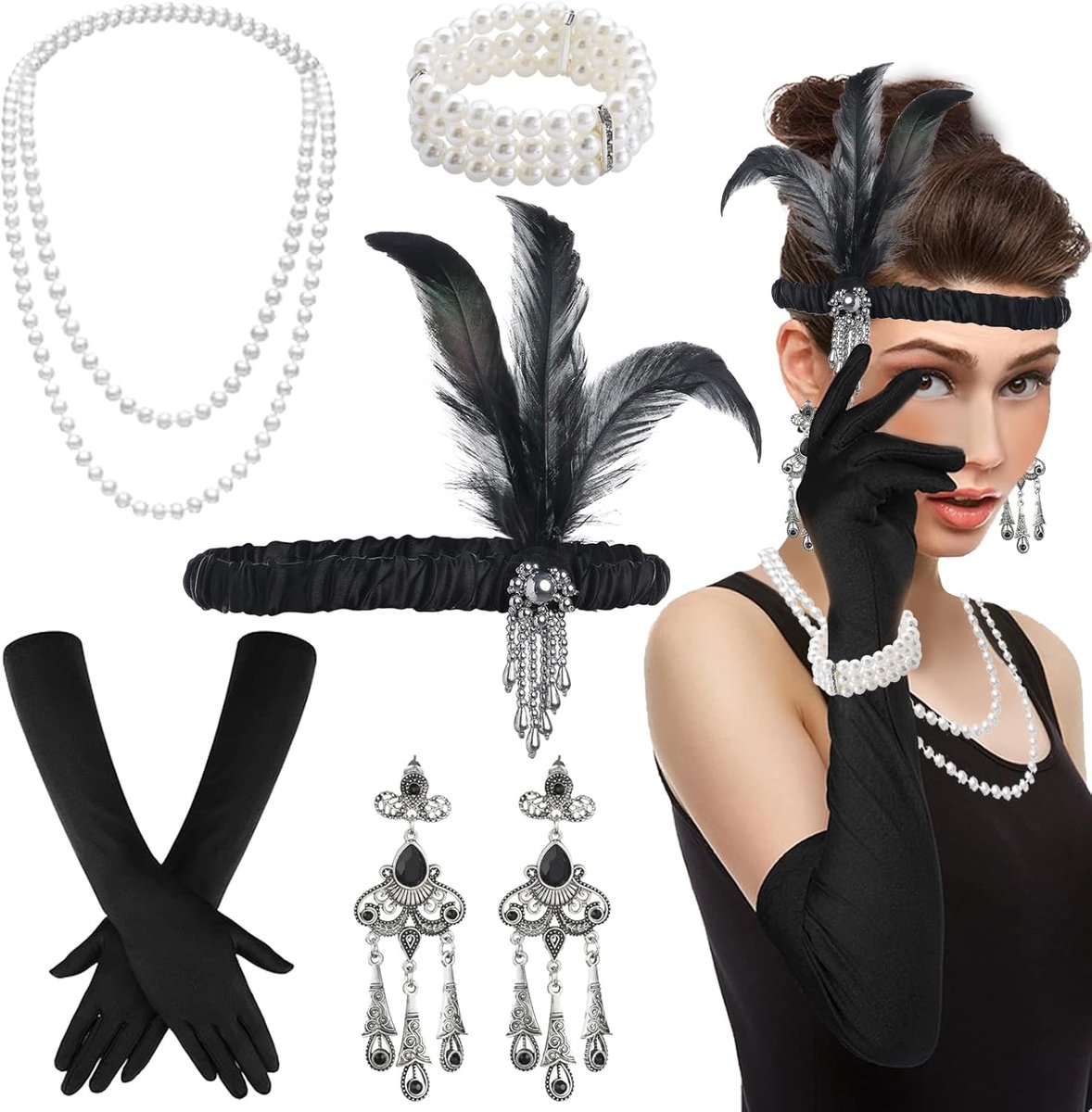 Accessoires, jaren 1920 Flapper Great Gatsby accessoireset, Roaring 20's thema, jaren 20 thema vintage mode, vrouwen dames Charleston fancy dress up