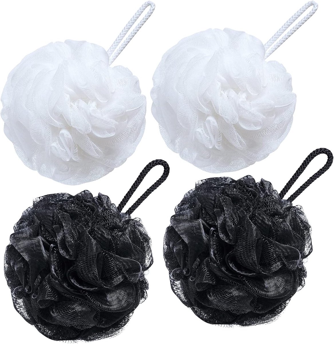 Bath Loofah Grote 80g Douchespons Body Scrubber Mesh Poef voor Mannen en Vrouwen, Set van 4 (Zwart + Wit)
