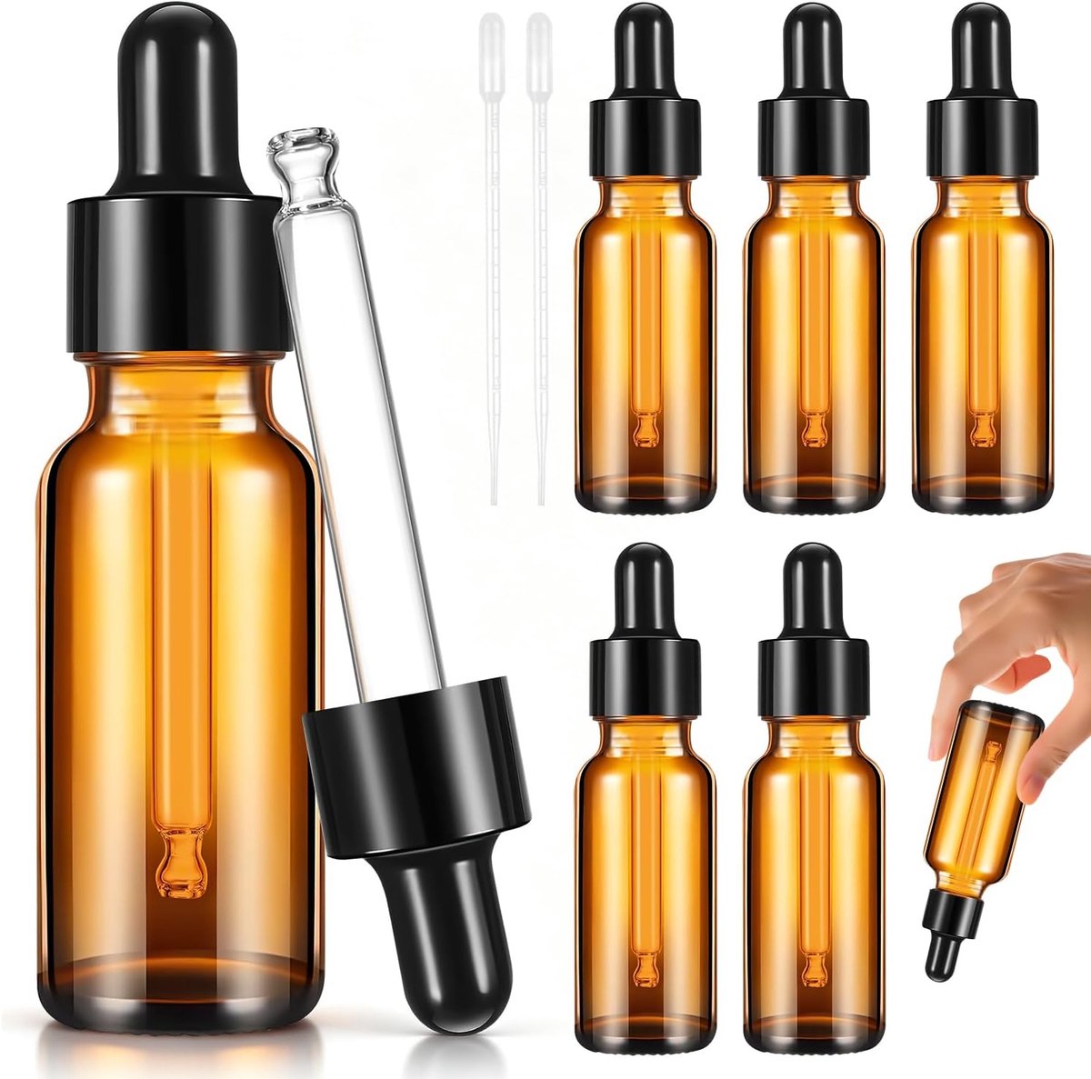 6 stuks, 20 ml, druppelfles, anti-schok, apothekerfles, pipet, corrosiebestendig, fles met pipet, herbruikbaar, 2,8 x 9,5 cm, voor etherische olie, aromatherapie, massage