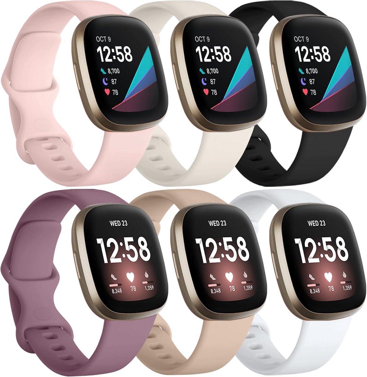 6-pack bandjes Compatibel met Fitbit Versa 3/Versa 4 bandjes/Fitbit Sense/Sense 2 riem, Zachte Sport Horlogeband Vervangende polsbandjes voor Vrouwen Mannen