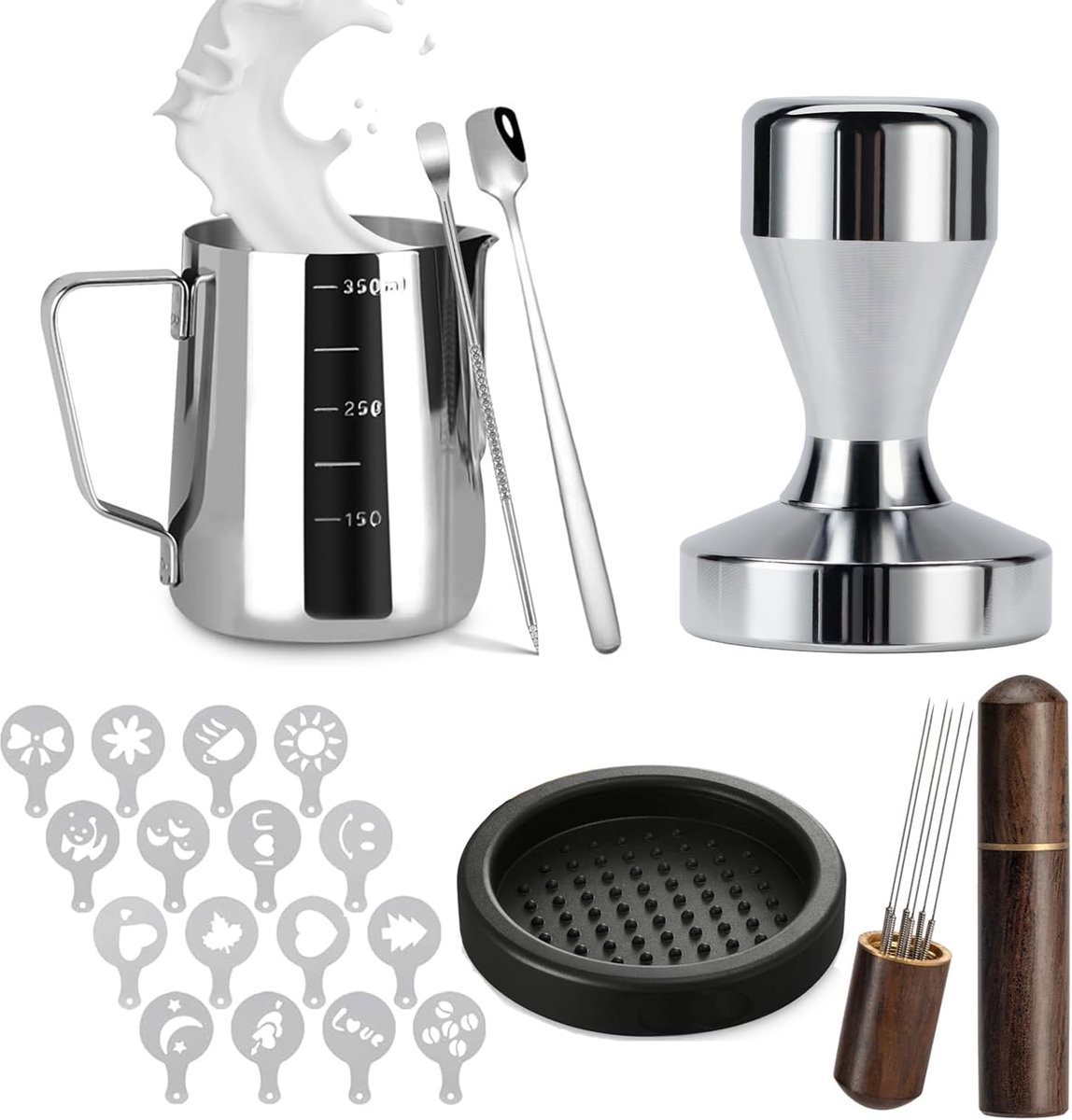 51mm Barista Accessoires voor Espresso Machine, 22-delig Koffiestamper Set Incl. 51mm 316 Tamper en Opschuimkruik WDT Tool Tampermat Latte Art Pen Latte Macchiato Lepel 16-delig Cappuccino
