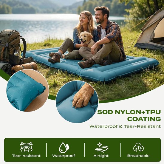 Campingslaapmat met Kussen, Waterdicht en scheurbestendig 50D nylon XXL Luchtmatras met ingebouwde voetpomp, blauwgroen, 196x135x12cm — afbeelding 5